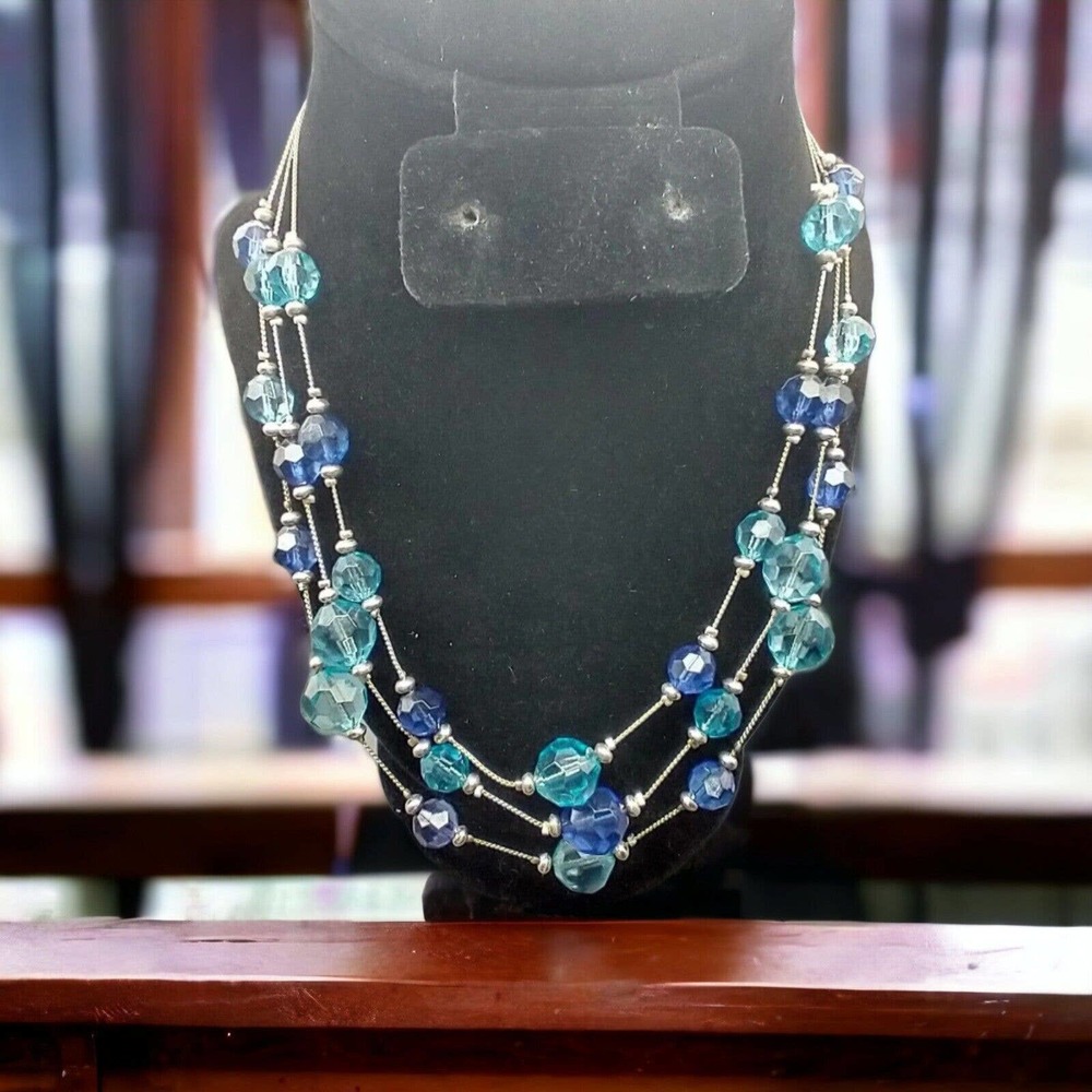Fashion Blue & Silver Tone Beaded Multi Strand Stacked Necklace Unmarked